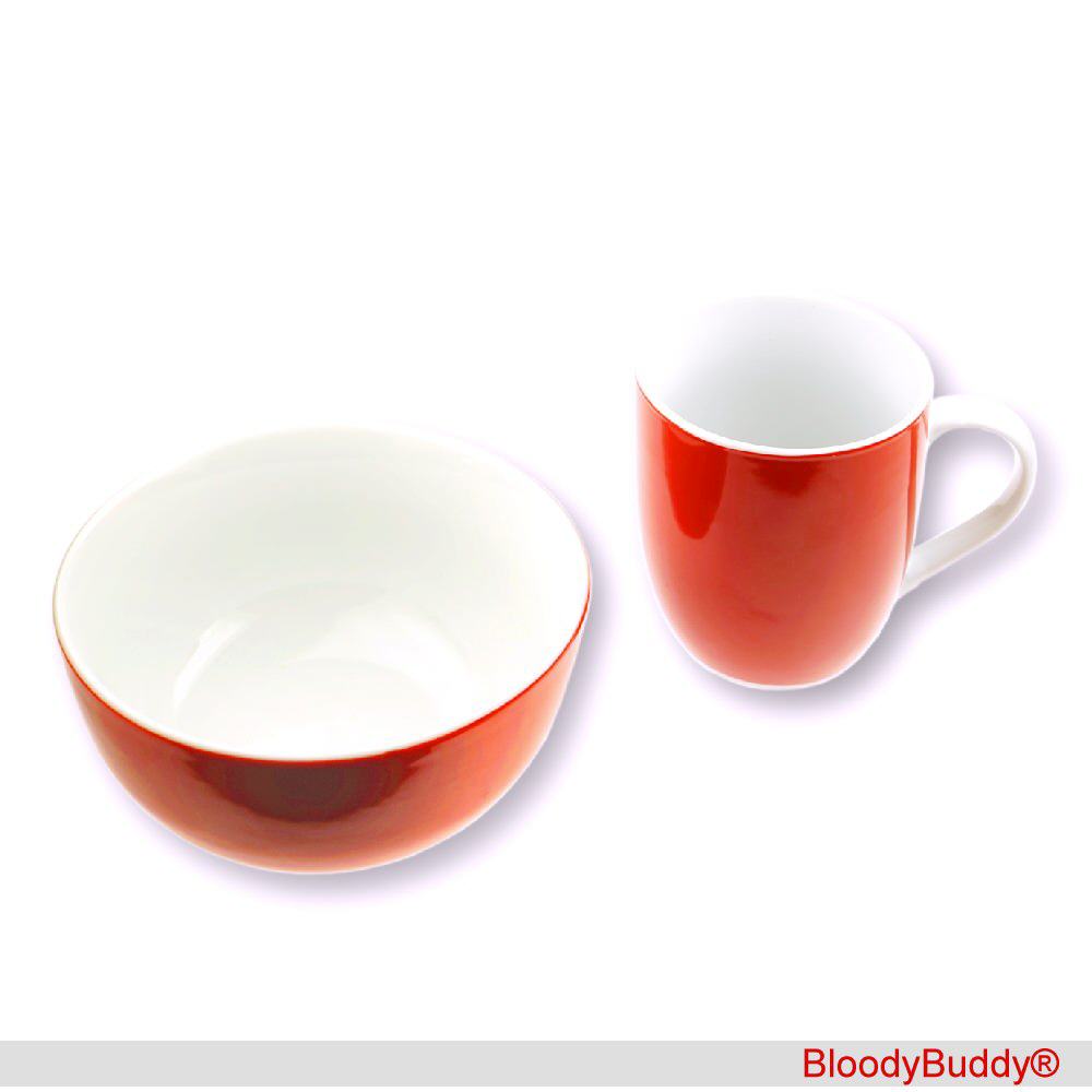 M&uuml;slischale und Kaffeebecher rot-wei&szlig;