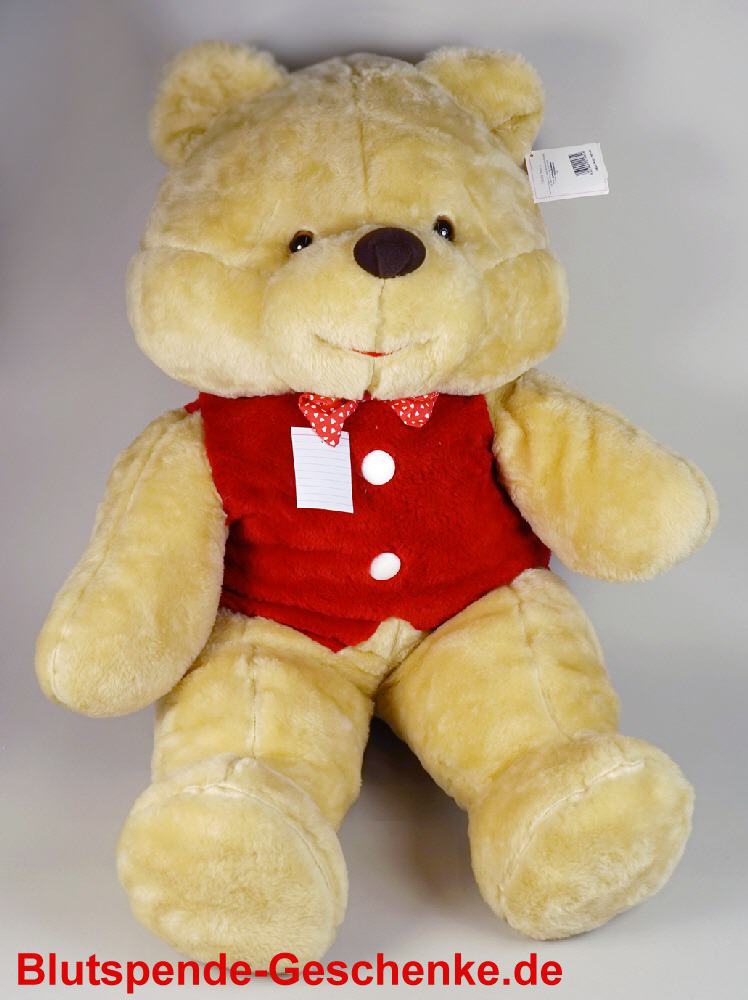 Blutspendegeschenk B&auml;r mit Weste aus Pl&uuml;sch